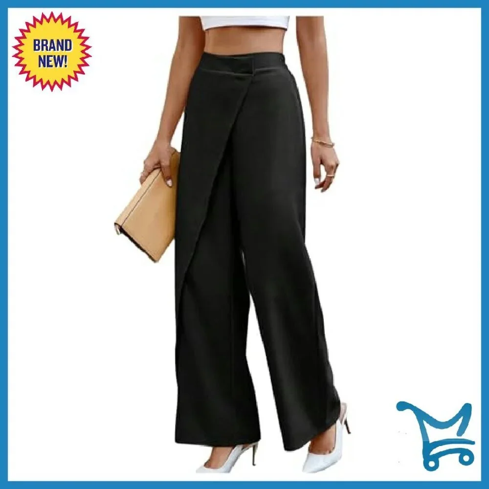Elegant Wrap Front High Waisted Wide Leg Work Pants Polyester